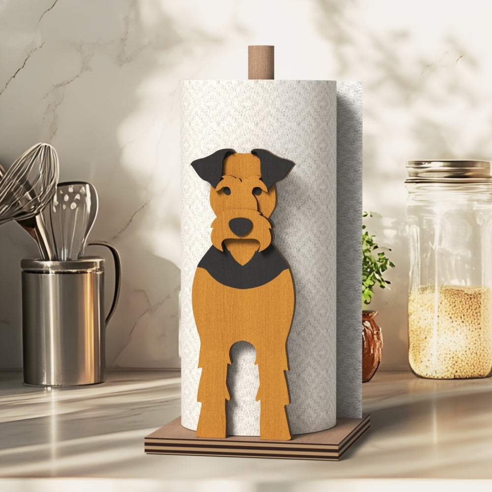 Airedale Terrier Wooden Dog Paper Towel Holder displayed on a kitchen countertop with a freestanding paper towel roll