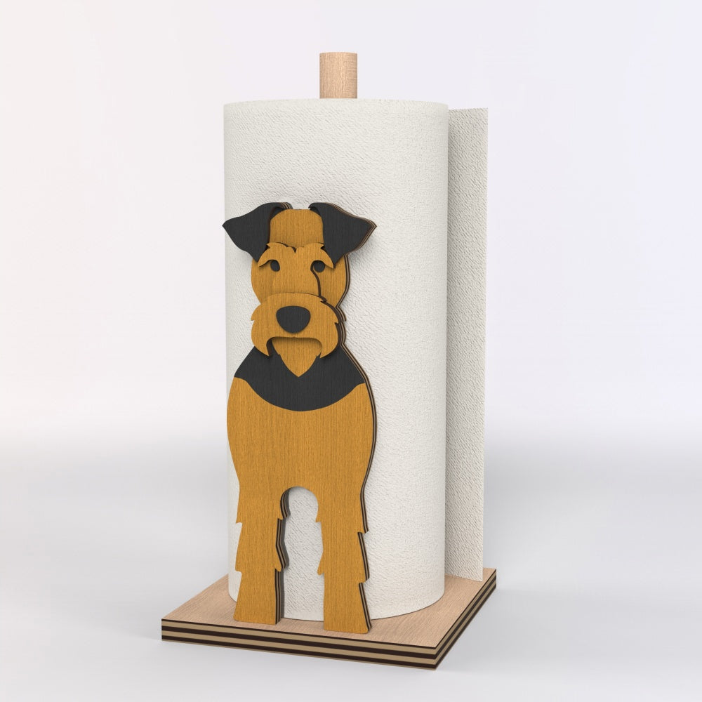 Airedale Terrier Wooden Dog Paper Towel Holder displayed on a kitchen countertop with a freestanding paper towel roll