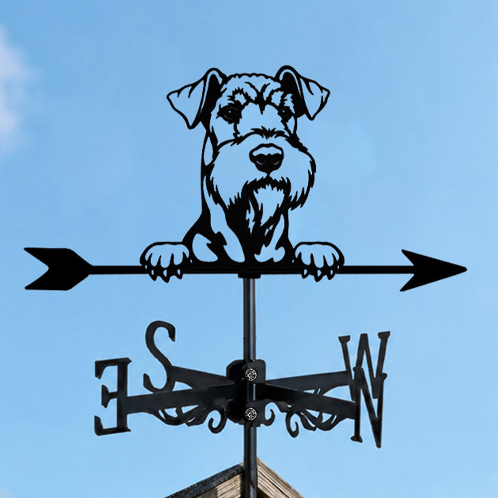 Airedale terrier metal weather vane with directional arrows and mounting rod, outdoor roof and garden decoration