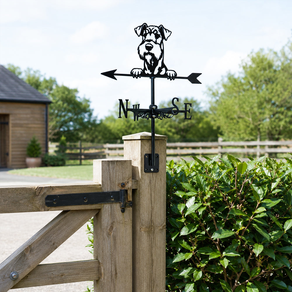 Airedale terrier metal weather vane with directional arrows and mounting rod, outdoor roof and garden decoration