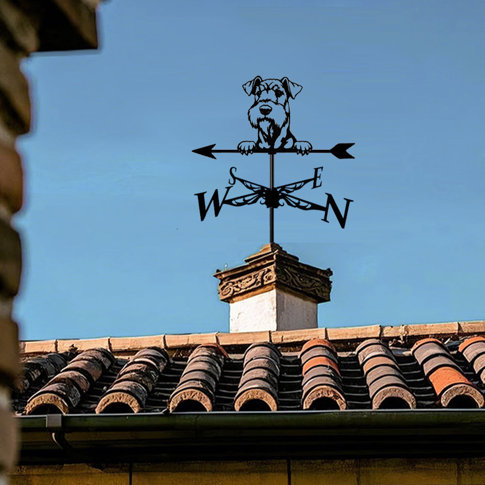 Airedale terrier metal weather vane with directional arrows and mounting rod, outdoor roof and garden decoration
