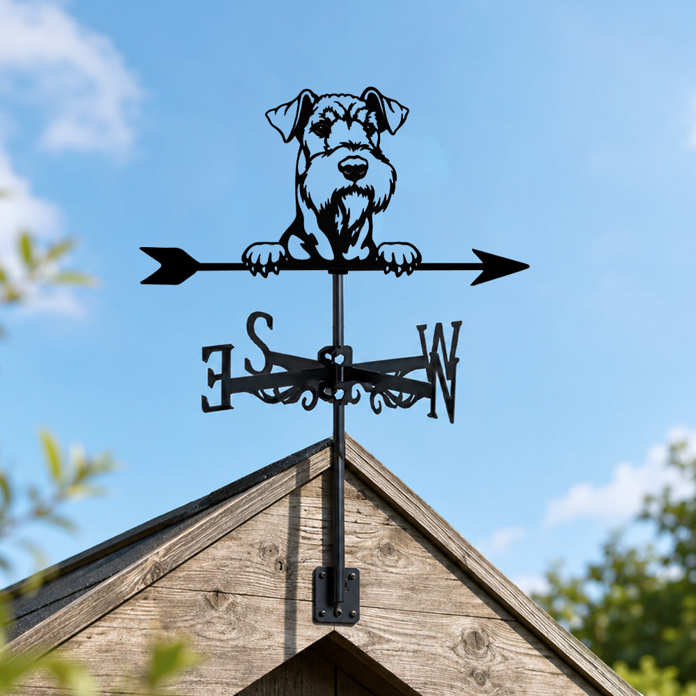 Airedale terrier metal weather vane with directional arrows and mounting rod, outdoor roof and garden decoration