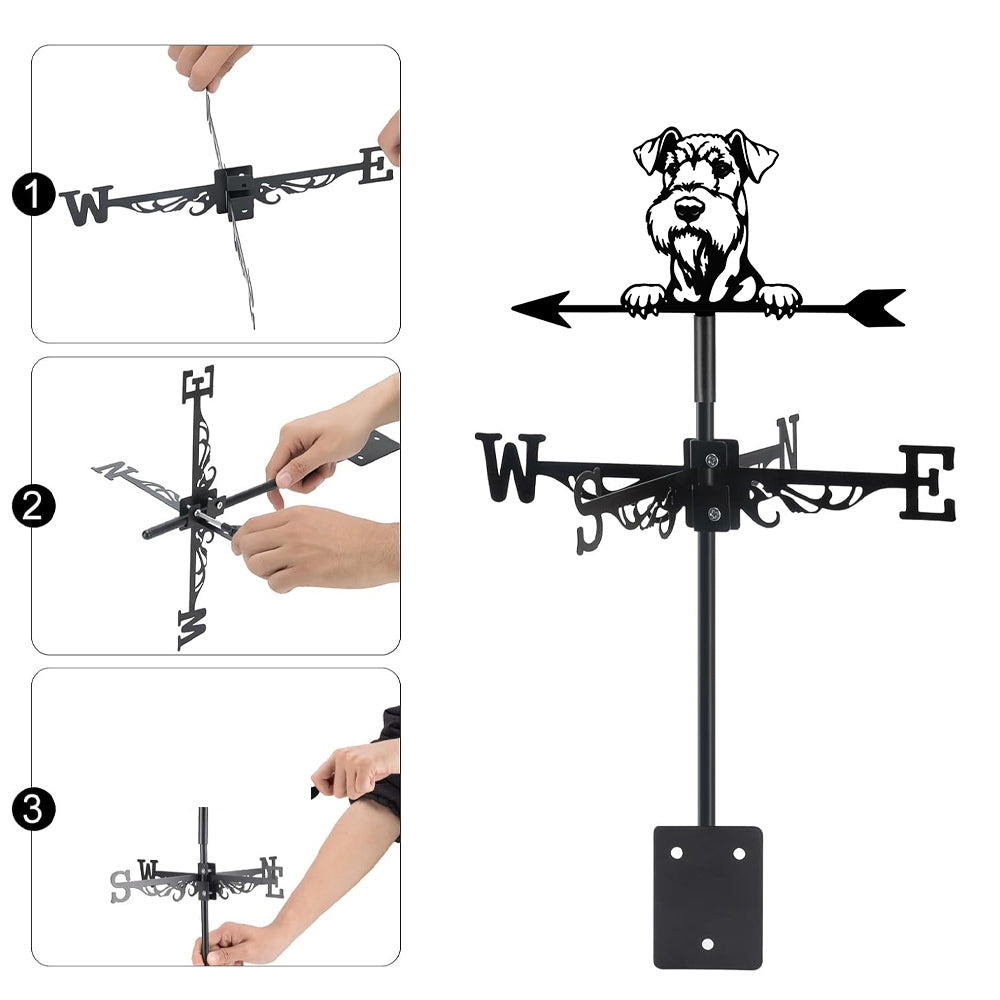 Airedale terrier metal weather vane with directional arrows and mounting rod, outdoor roof and garden decoration