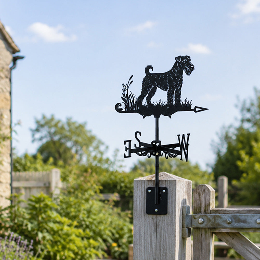 Airedale terrier metal weather vane with directional arrows and mounting rod, outdoor roof and garden decoration