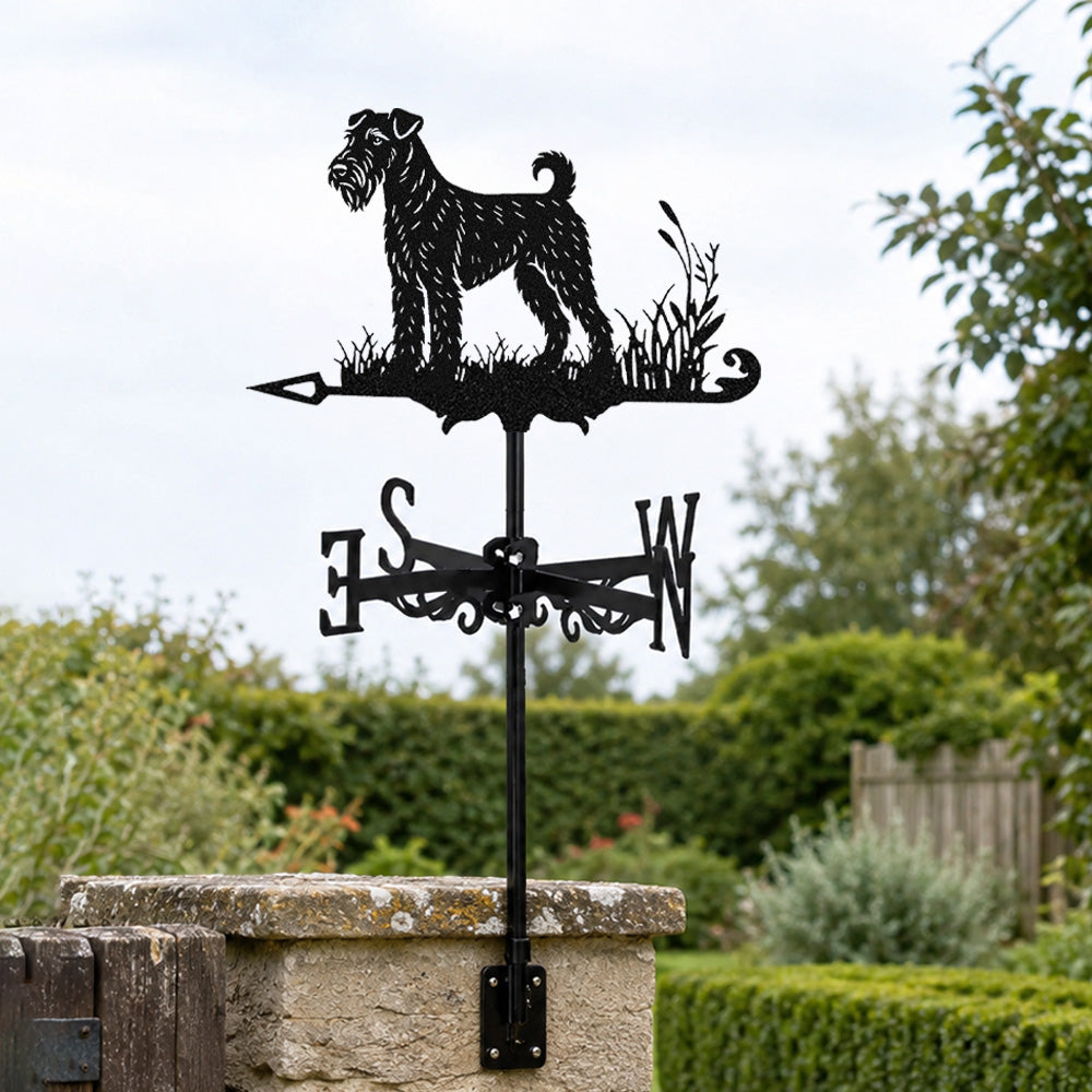 Airedale terrier metal weather vane with directional arrows and mounting rod, outdoor roof and garden decoration