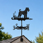 Airedale terrier metal weather vane with directional arrows and mounting rod, outdoor roof and garden decoration