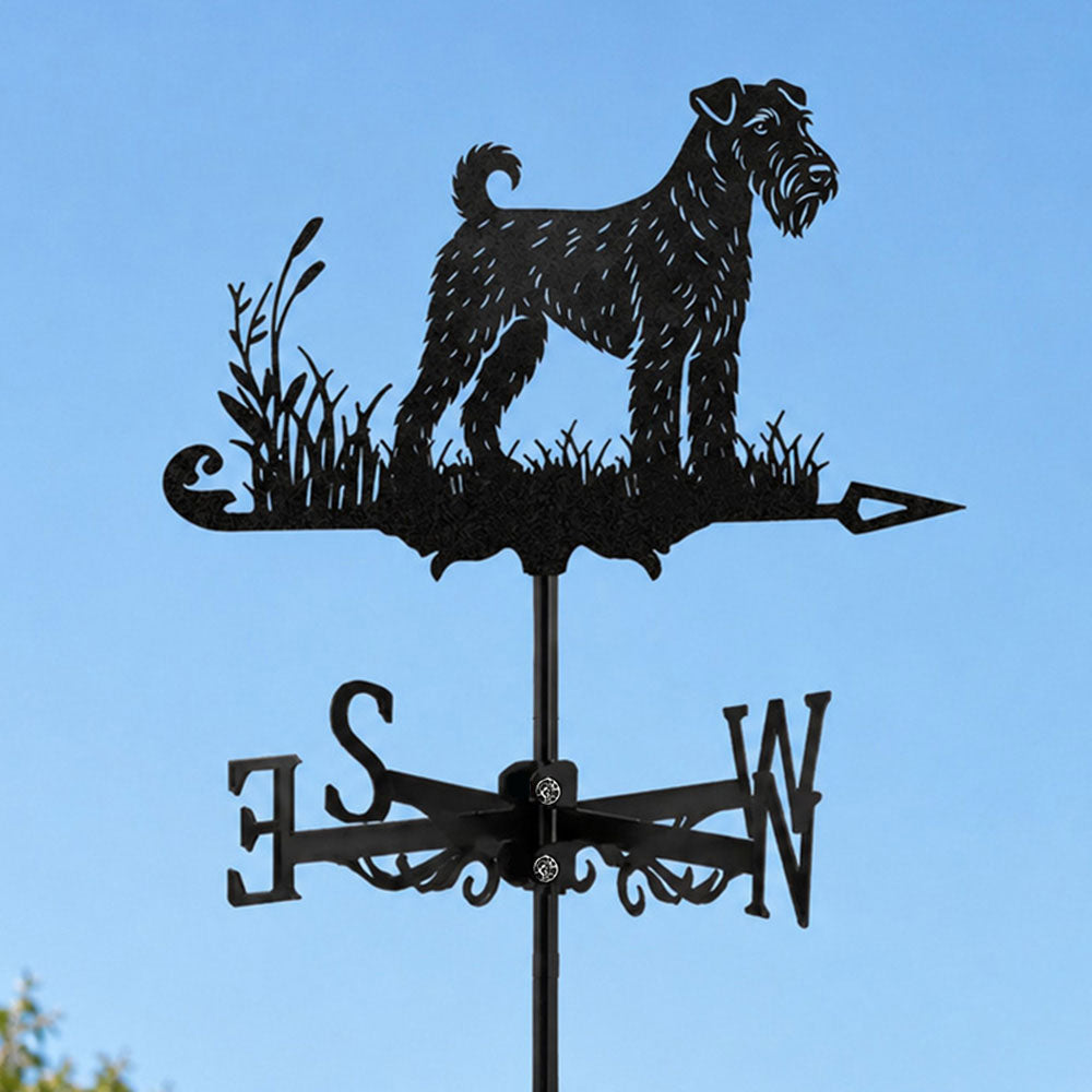Airedale terrier metal weather vane with directional arrows and mounting rod, outdoor roof and garden decoration