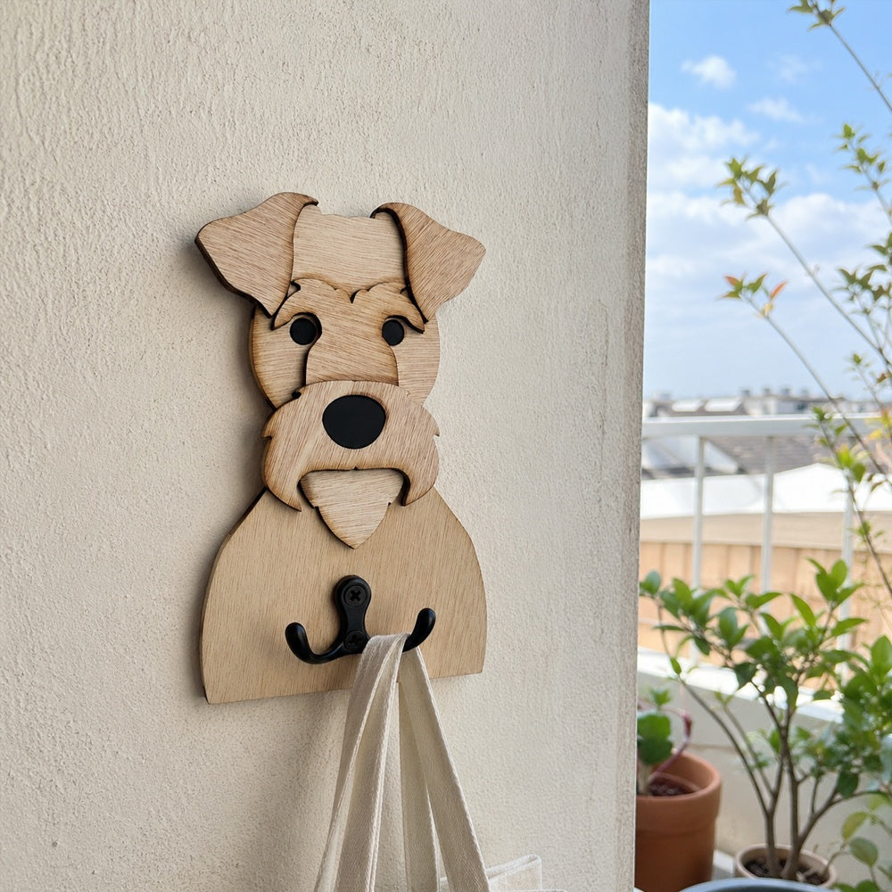 Wooden airedale terrier dog wall hook key and leash holder for home entryway organizer