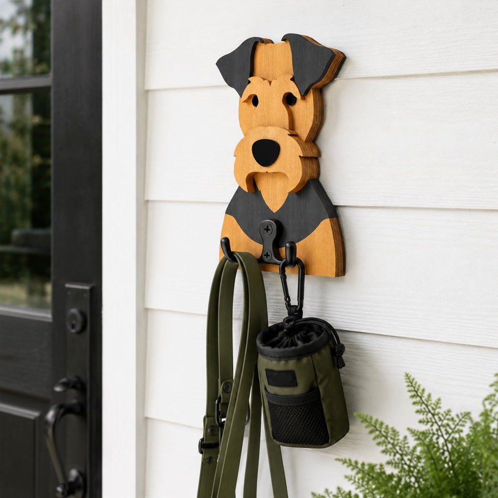 Wooden airedale terrier dog wall hook key and leash holder for home entryway organizer