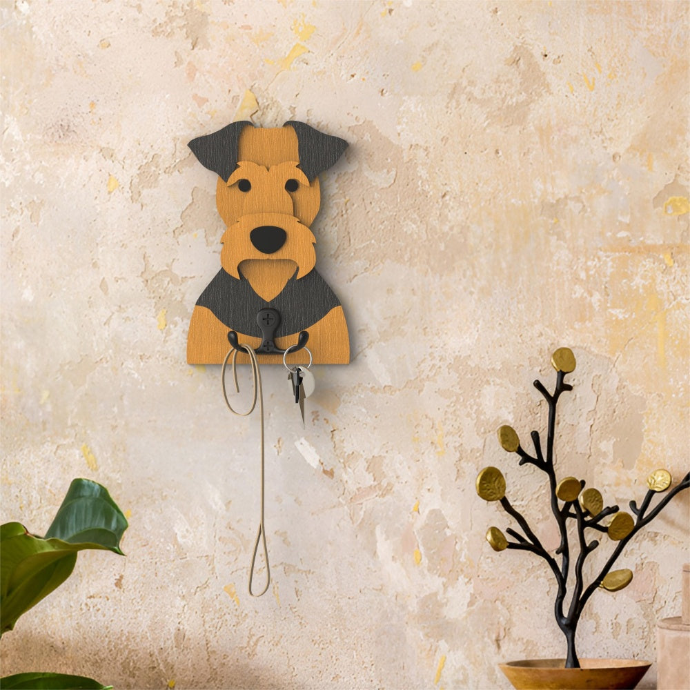 Wooden airedale terrier dog wall hook key and leash holder for home entryway organizer