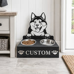 Personalized akita metal dog bowl stand with custom name cutout and two removable feeding bowls