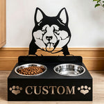 Personalized akita metal dog bowl stand with custom name cutout and two removable feeding bowls