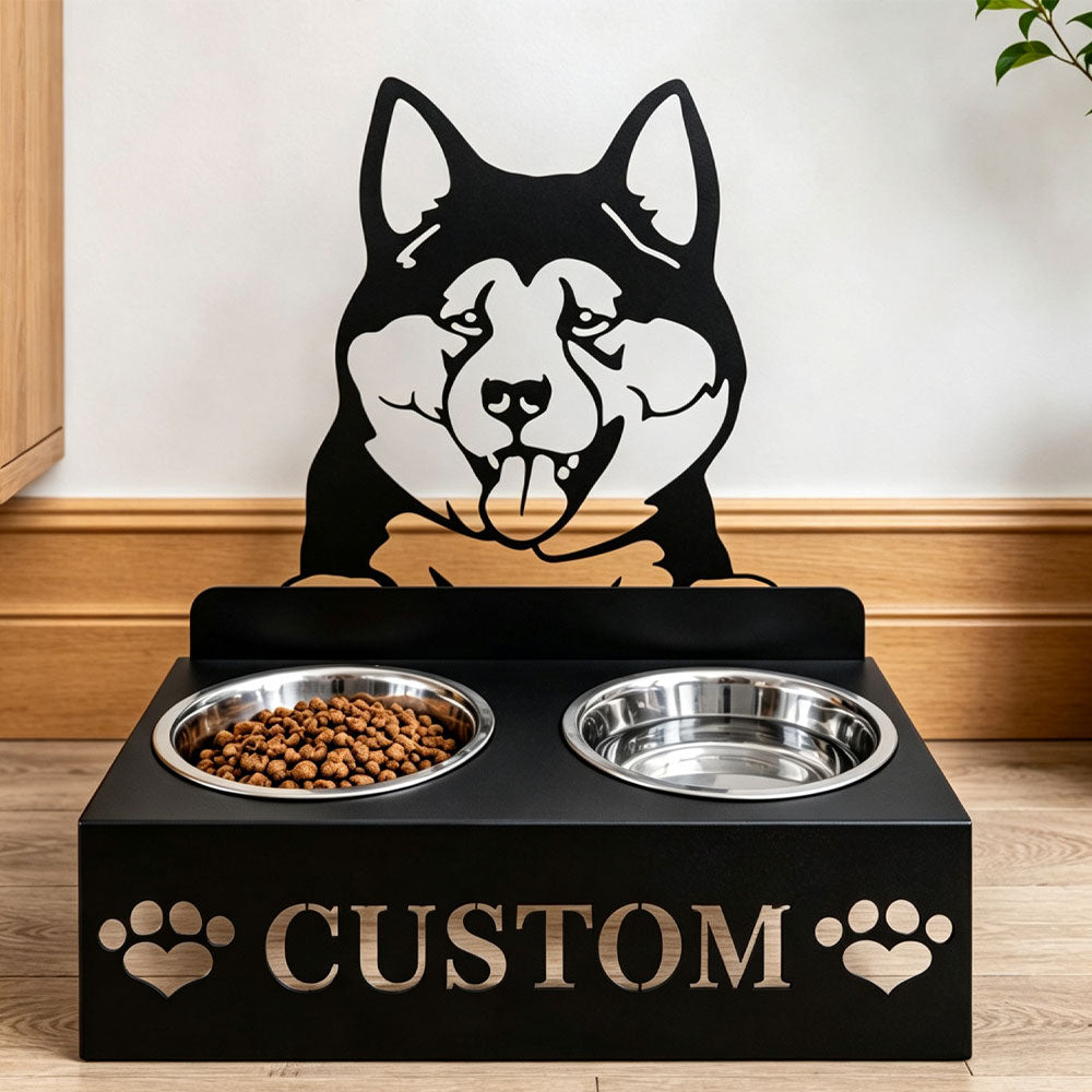 Personalized akita metal dog bowl stand with custom name cutout and two removable feeding bowls