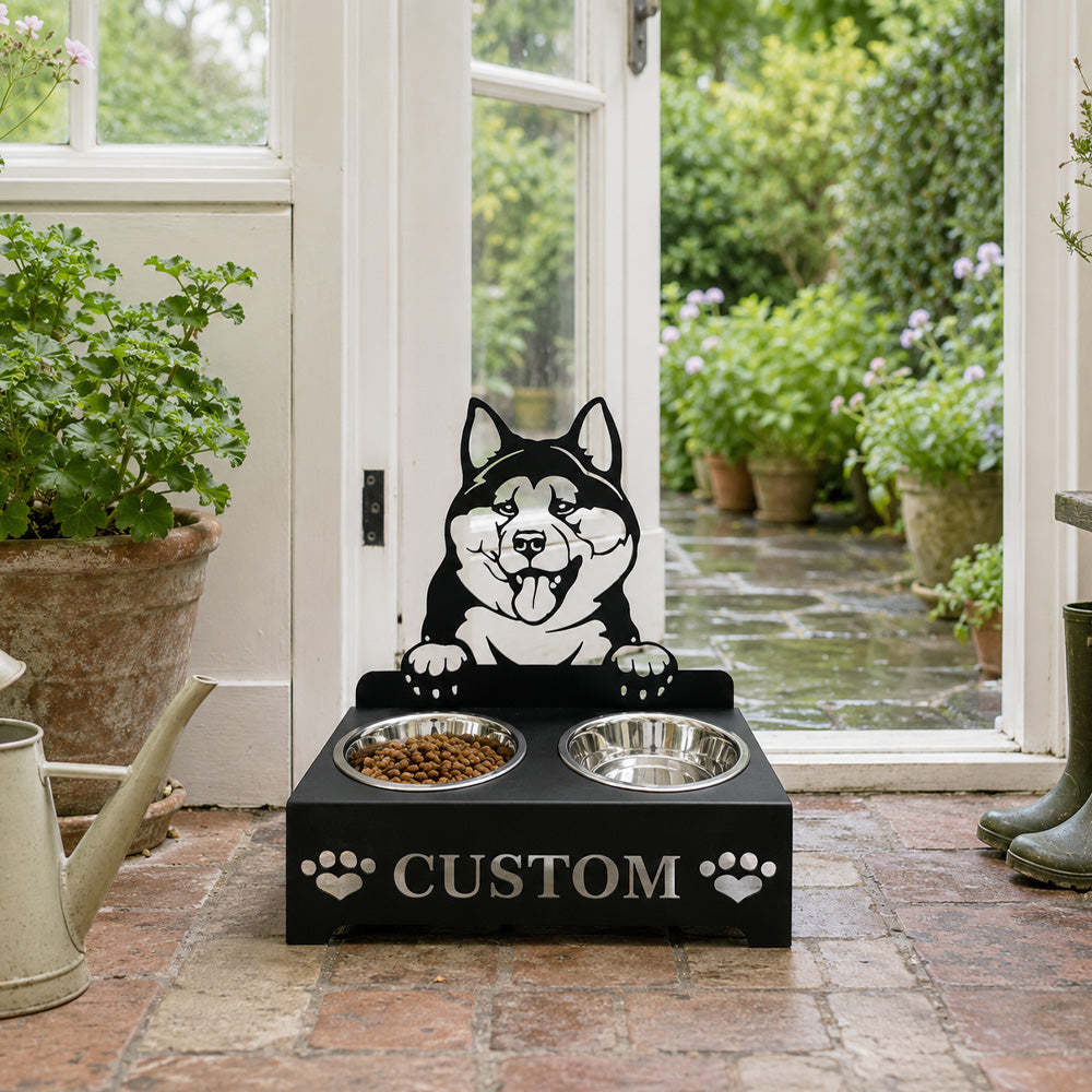 Personalized akita metal dog bowl stand with custom name cutout and two removable feeding bowls
