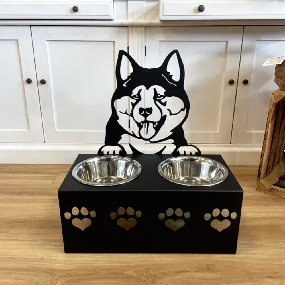 Personalized akita metal dog bowl stand with custom name cutout and two removable feeding bowls