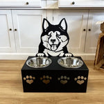 Personalized akita metal dog bowl stand with custom name cutout and two removable feeding bowls