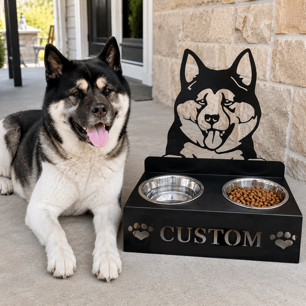 Personalized akita metal dog bowl stand with custom name cutout and two removable feeding bowls