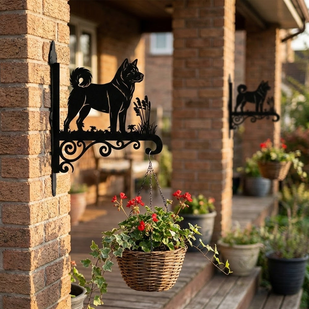 Akita metal hanging basket bracket mounted on outdoor wall for plant decoration