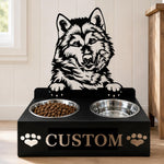 Personalized alaskan malamute metal dog bowl stand with custom name cutout and two removable feeding bowls