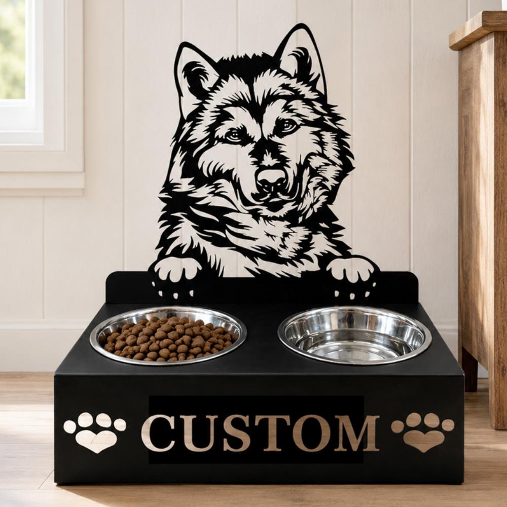 Personalized alaskan malamute metal dog bowl stand with custom name cutout and two removable feeding bowls