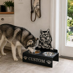 Personalized alaskan malamute metal dog bowl stand with custom name cutout and two removable feeding bowls