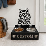 Personalized alaskan malamute metal dog bowl stand with custom name cutout and two removable feeding bowls