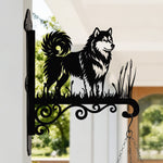 Alaskan malamute metal hanging basket bracket mounted on outdoor wall for plant decoration