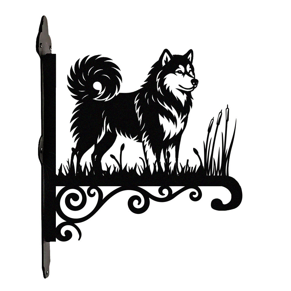 Alaskan malamute metal hanging basket bracket mounted on outdoor wall for plant decoration