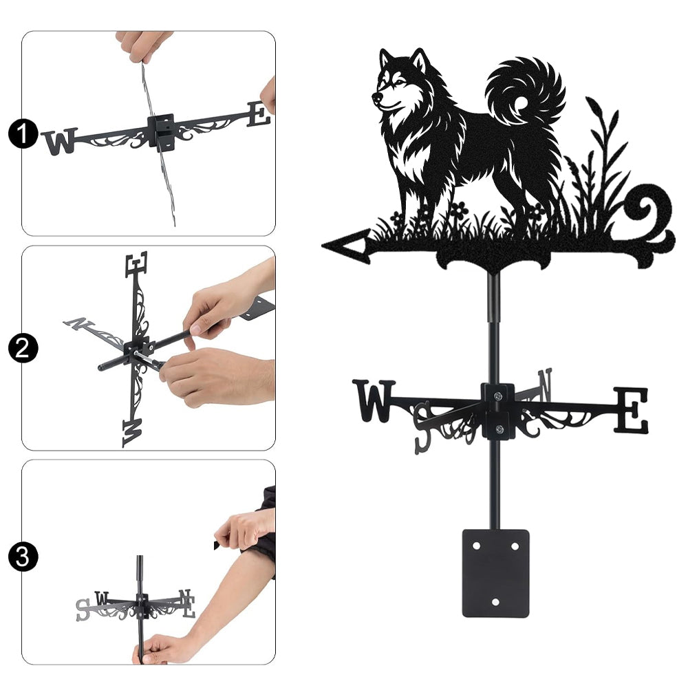 Alaskan Malamute metal weather vane with directional arrows and mounting rod, outdoor roof and garden decoration