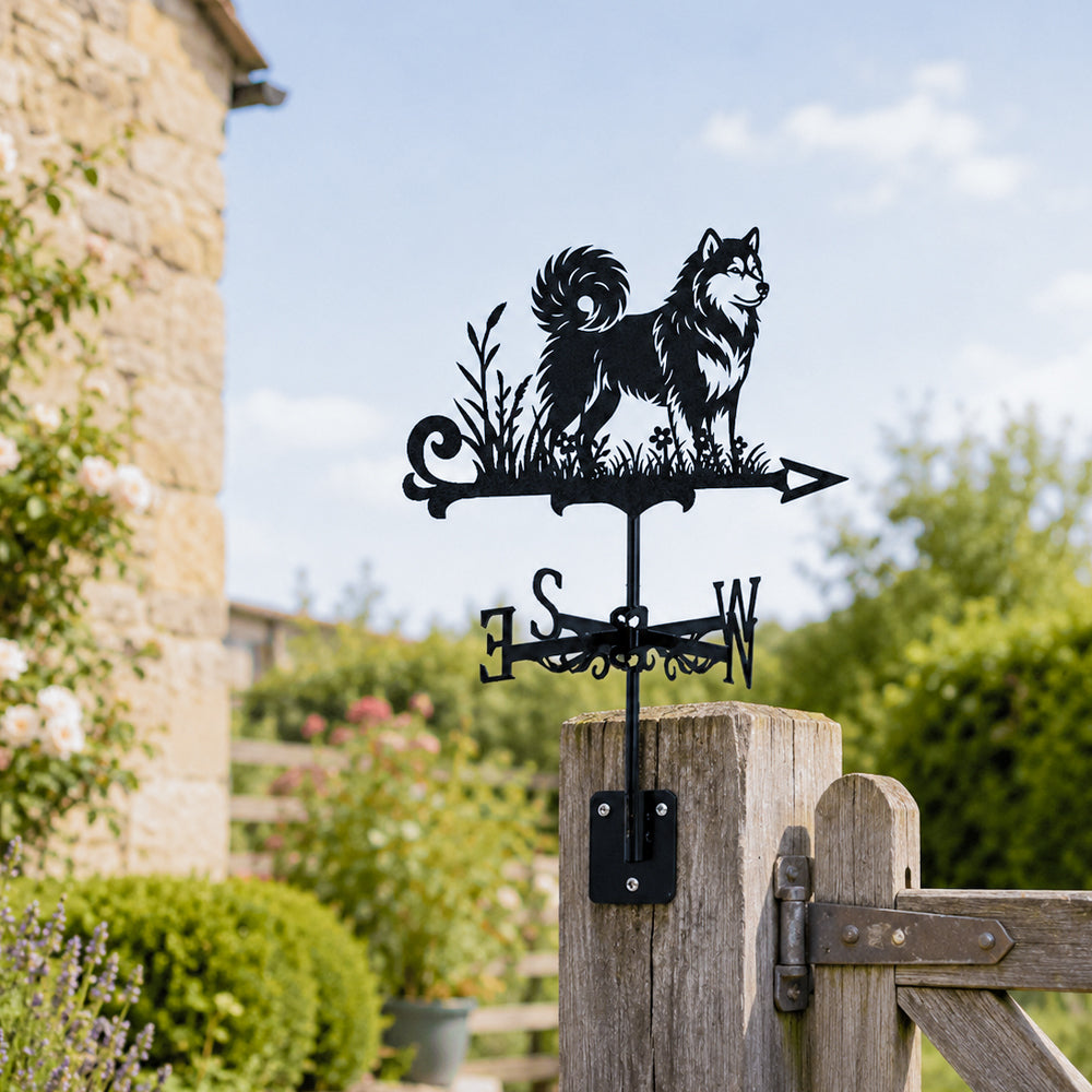 Alaskan Malamute metal weather vane with directional arrows and mounting rod, outdoor roof and garden decoration