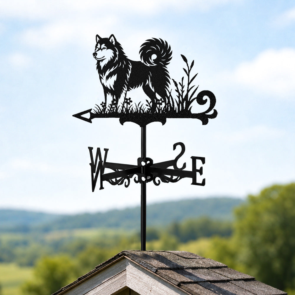 Alaskan Malamute metal weather vane with directional arrows and mounting rod, outdoor roof and garden decoration