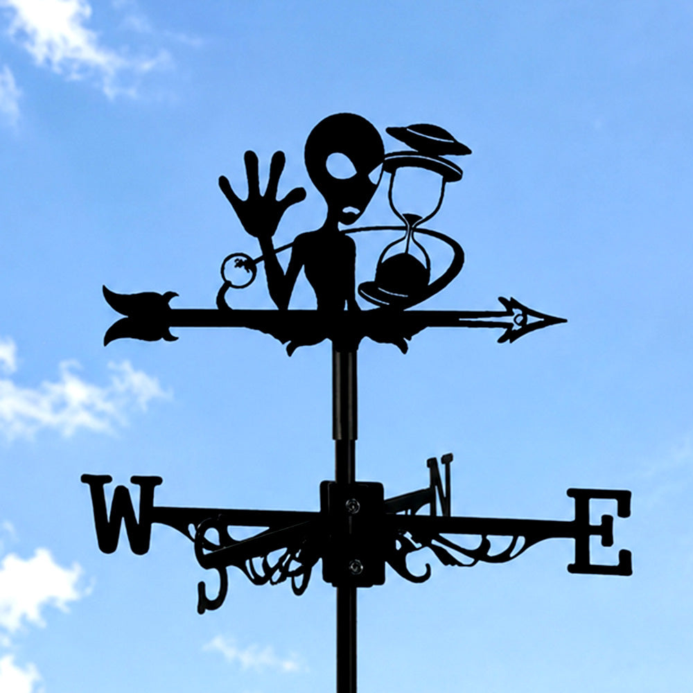 Alien metal weather vane with directional arrows and mounting rod, outdoor roof and garden decoration