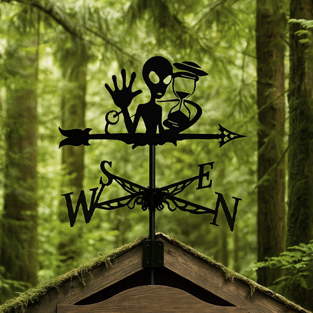 Alien metal weather vane with directional arrows and mounting rod, outdoor roof and garden decoration