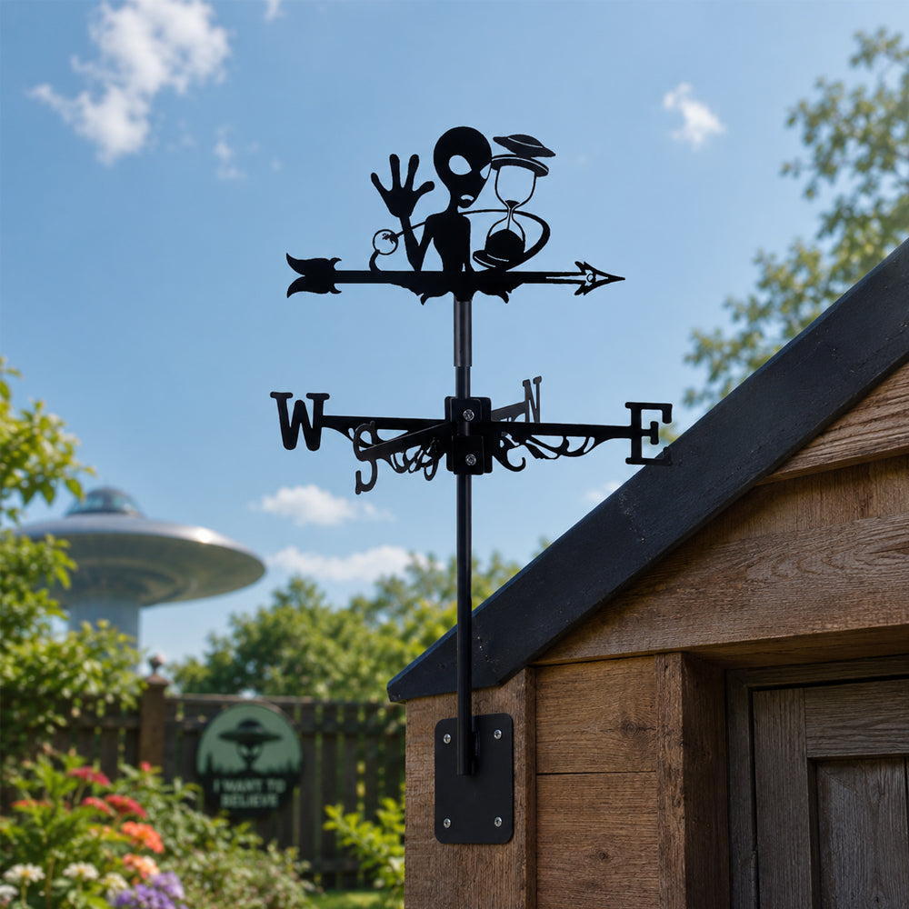 Alien metal weather vane with directional arrows and mounting rod, outdoor roof and garden decoration