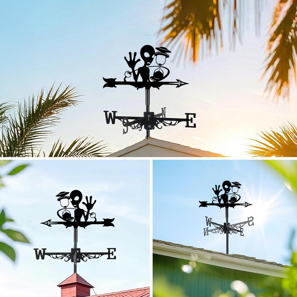 Alien metal weather vane with directional arrows and mounting rod, outdoor roof and garden decoration