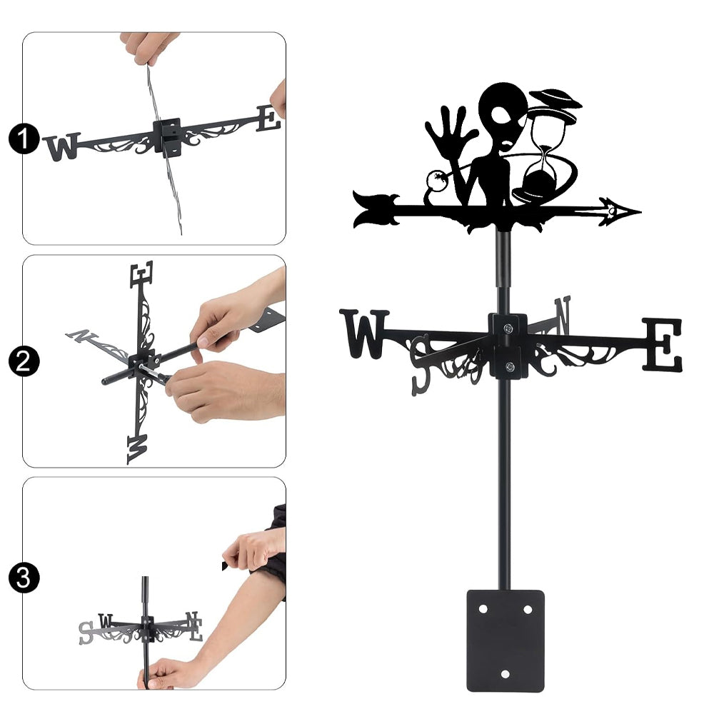 Alien metal weather vane with directional arrows and mounting rod, outdoor roof and garden decoration