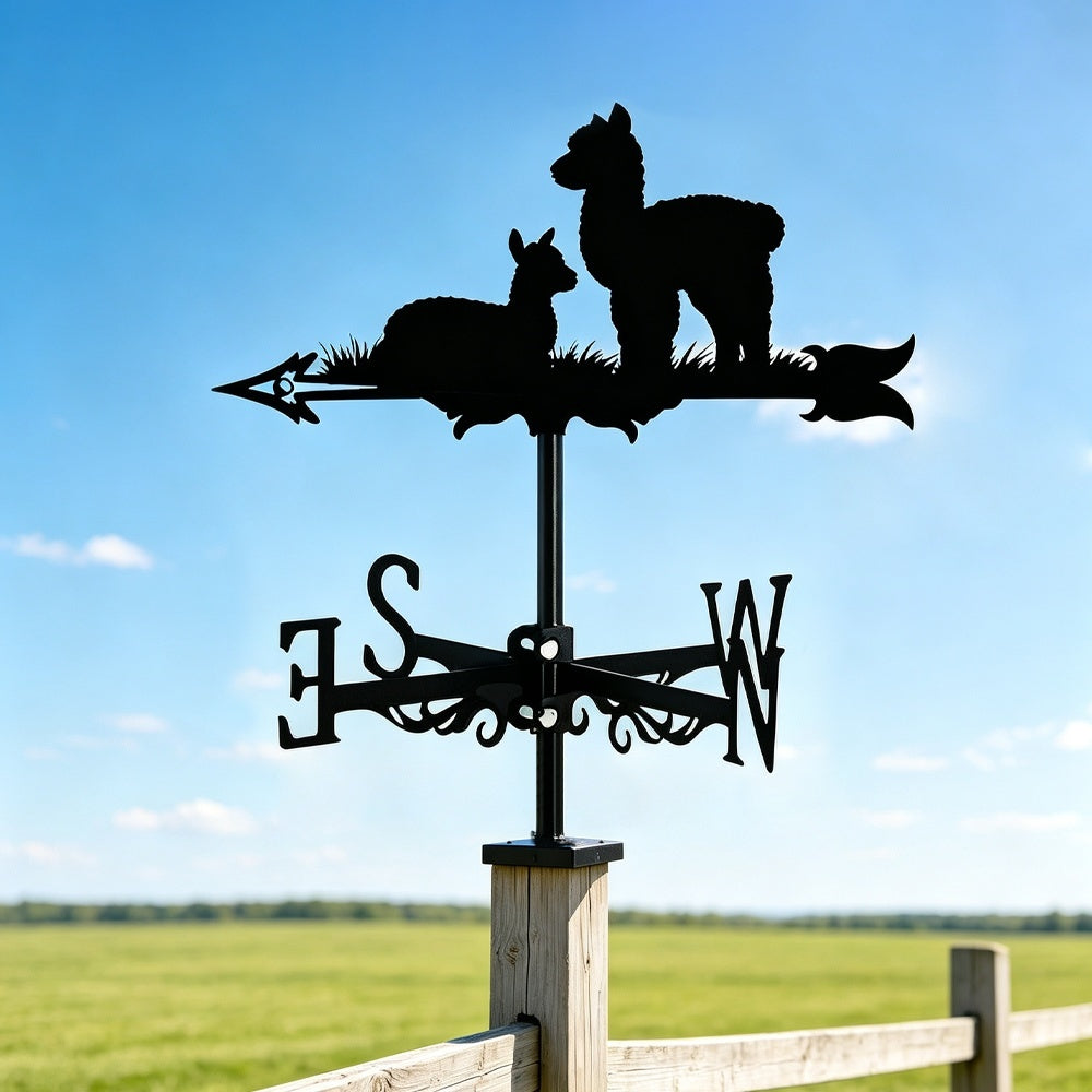 Alpacas metal weather vane with directional arrows and mounting rod, outdoor roof and garden decoration