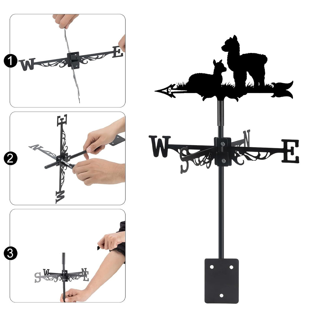 Alpacas metal weather vane with directional arrows and mounting rod, outdoor roof and garden decoration