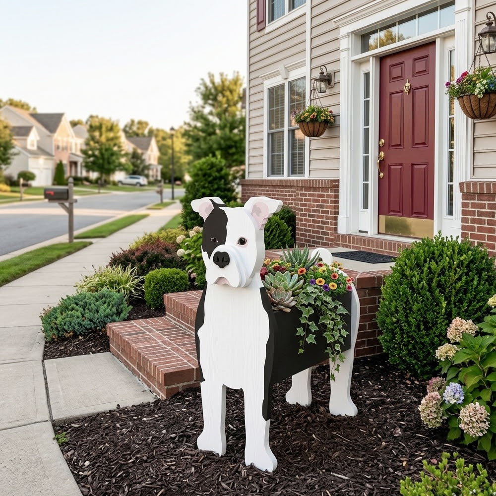 American Bulldog planter filled with fresh flowers is placed in the garden