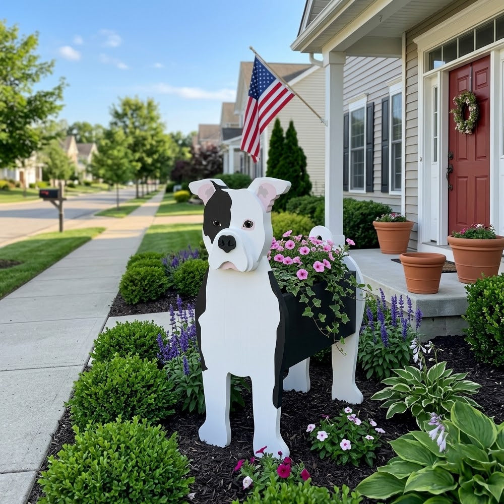 American Bulldog planter filled with fresh flowers is placed in the garden