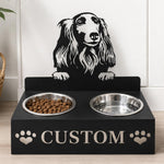 Personalized american cocker spaniel metal dog bowl stand with custom name cutout and two removable feeding bowls