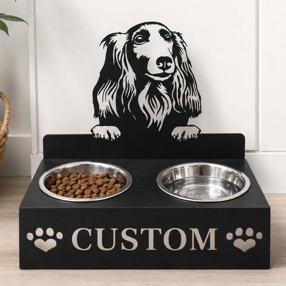 Personalized american cocker spaniel metal dog bowl stand with custom name cutout and two removable feeding bowls