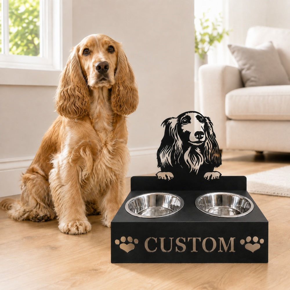Personalized american cocker spaniel metal dog bowl stand with custom name cutout and two removable feeding bowls