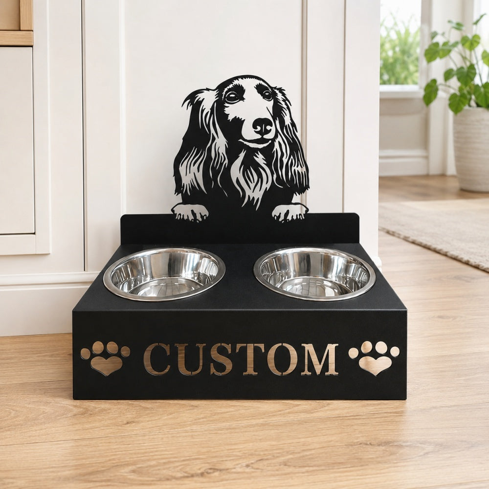 Personalized american cocker spaniel metal dog bowl stand with custom name cutout and two removable feeding bowls