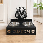 Personalized american cocker spaniel metal dog bowl stand with custom name cutout and two removable feeding bowls