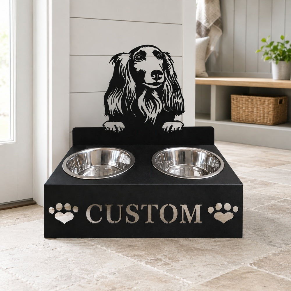 Personalized american cocker spaniel metal dog bowl stand with custom name cutout and two removable feeding bowls