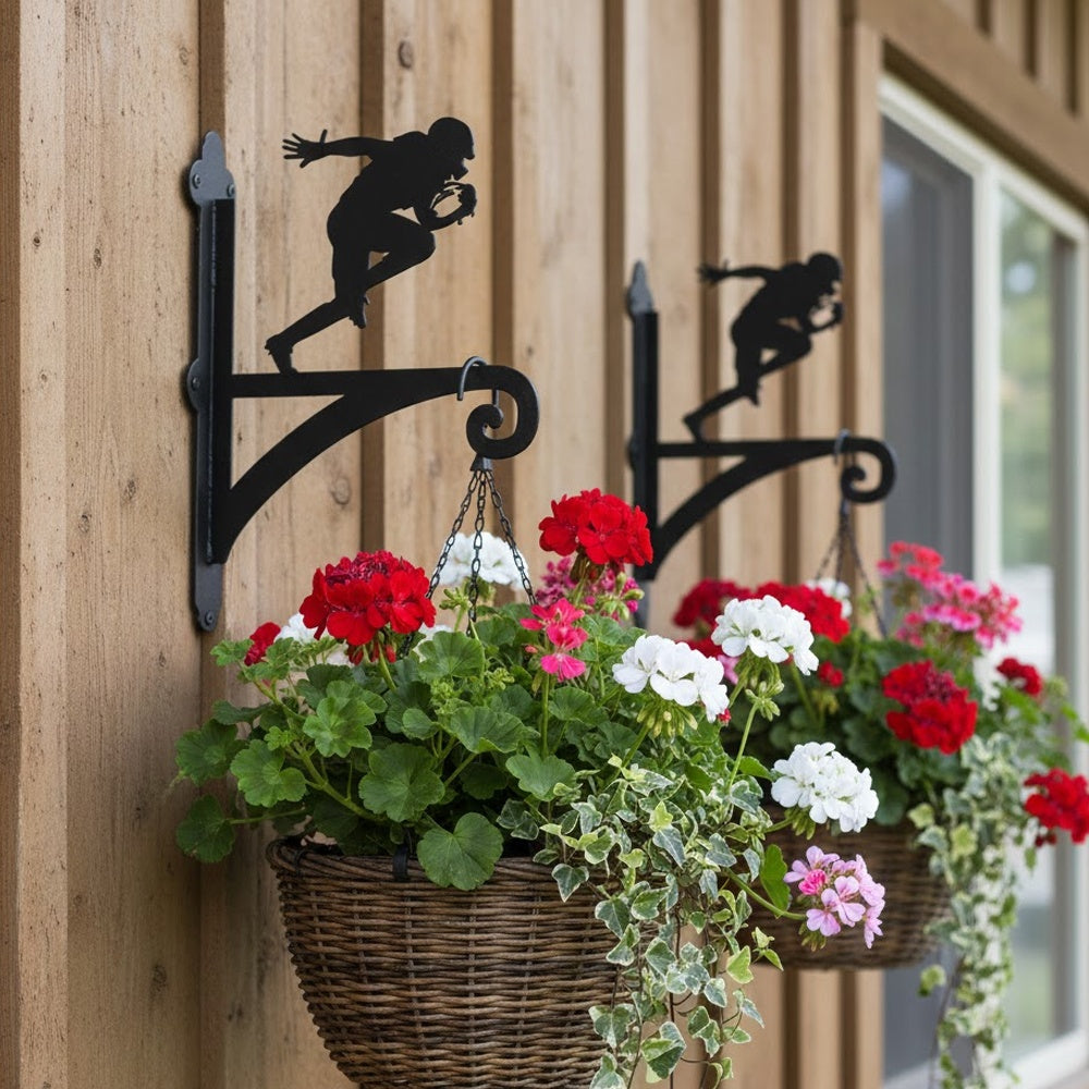 American football player sports metal hanging basket bracket mounted on outdoor wall for plant decoration