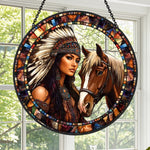 American maiden with spirit horse stained glass suncatcher window hanging, suitable for home and garden decoration