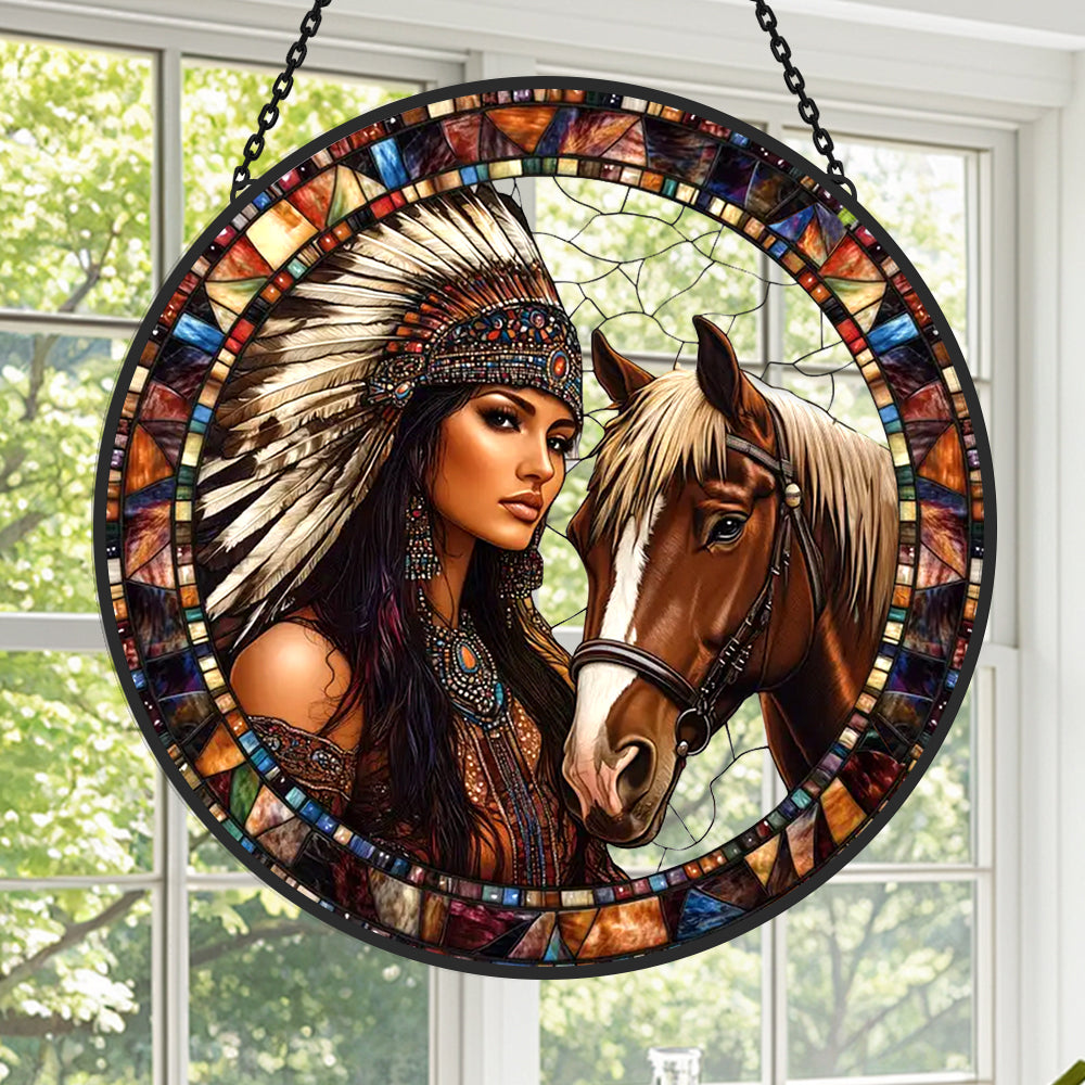 American maiden with spirit horse stained glass suncatcher window hanging, suitable for home and garden decoration
