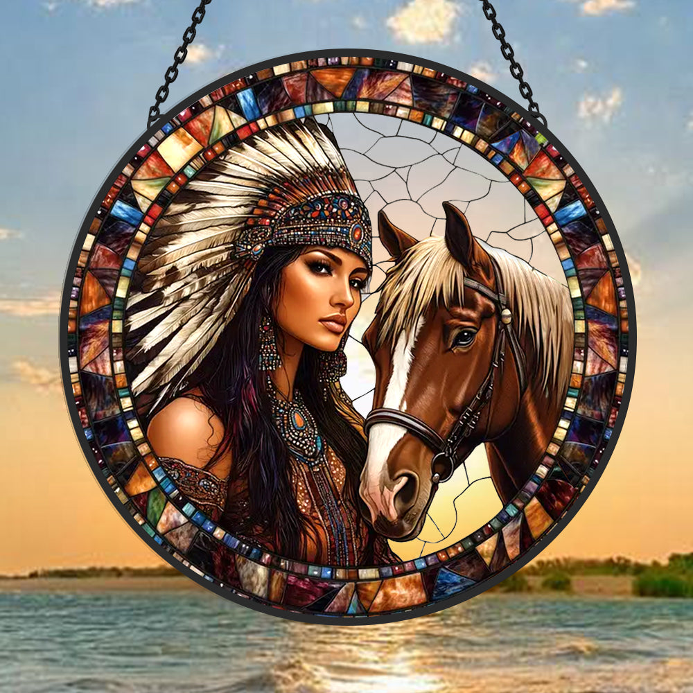 American maiden with spirit horse stained glass suncatcher window hanging, suitable for home and garden decoration